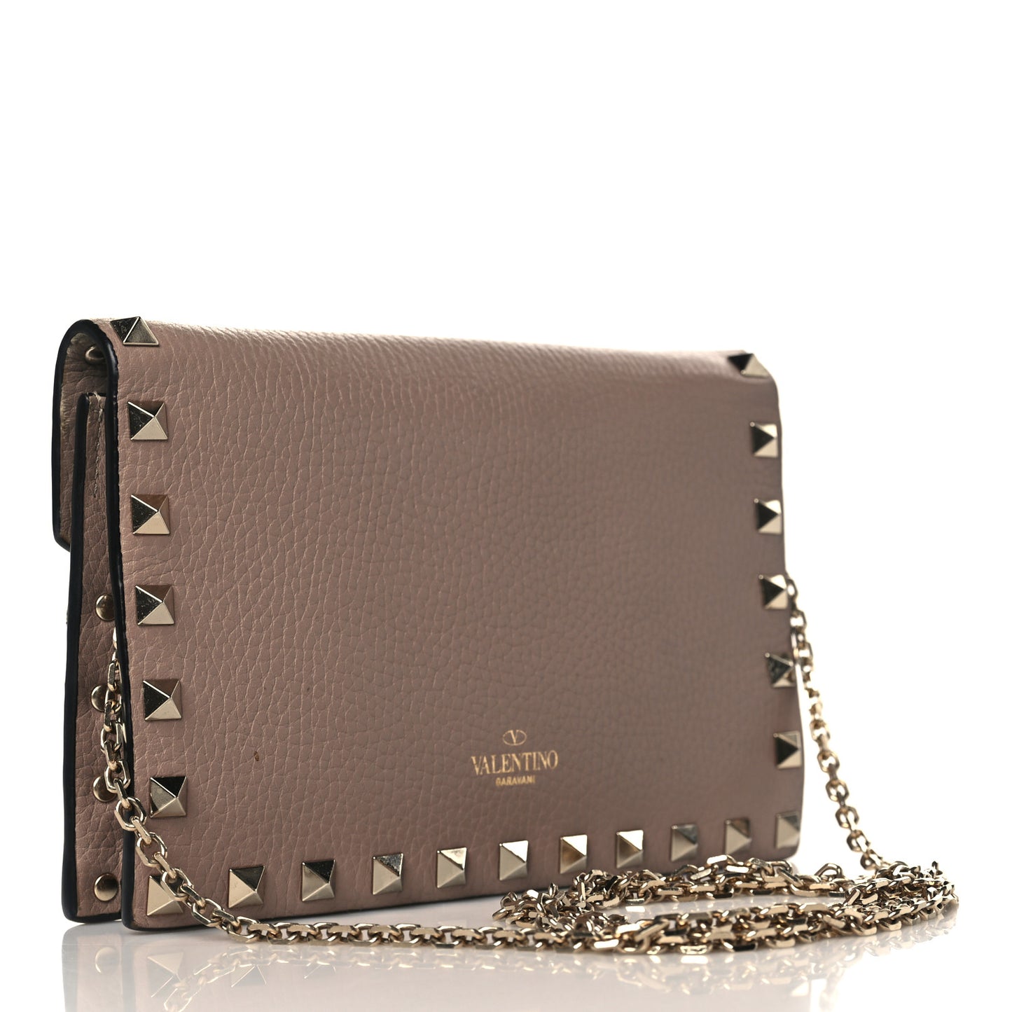 Pebbled Calfskin Rockstud Envelope Wallet on Chain Poudre