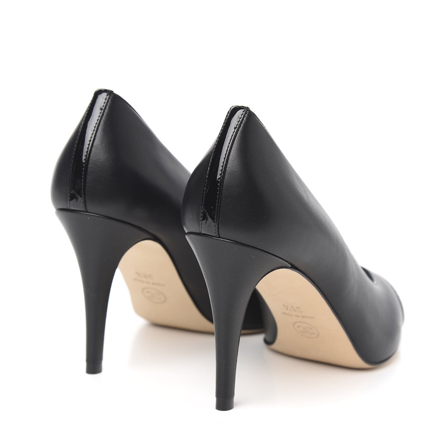Lambskin Patent Calfskin Cap Toe CC Pumps 38.5 Black