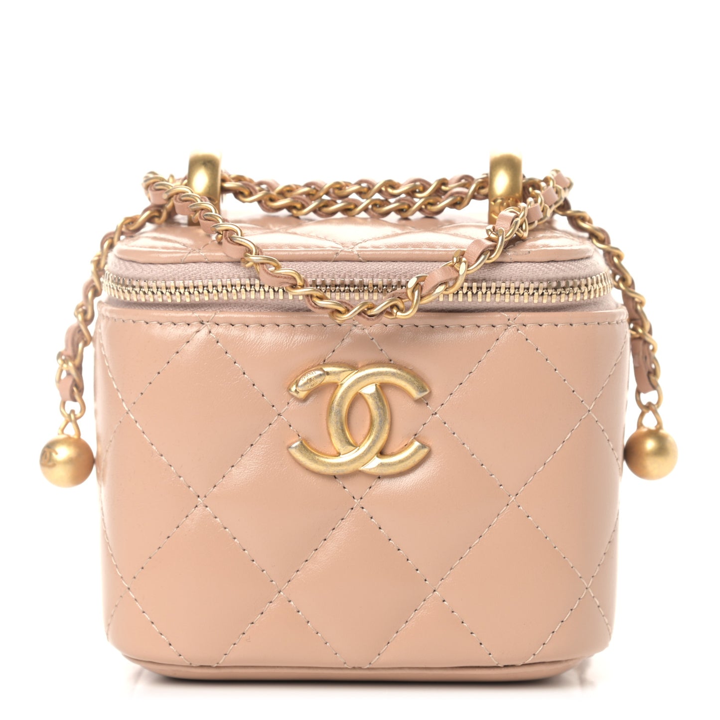Calfskin Quilted Mini Perfect Fit Vanity Case With Chain Beige