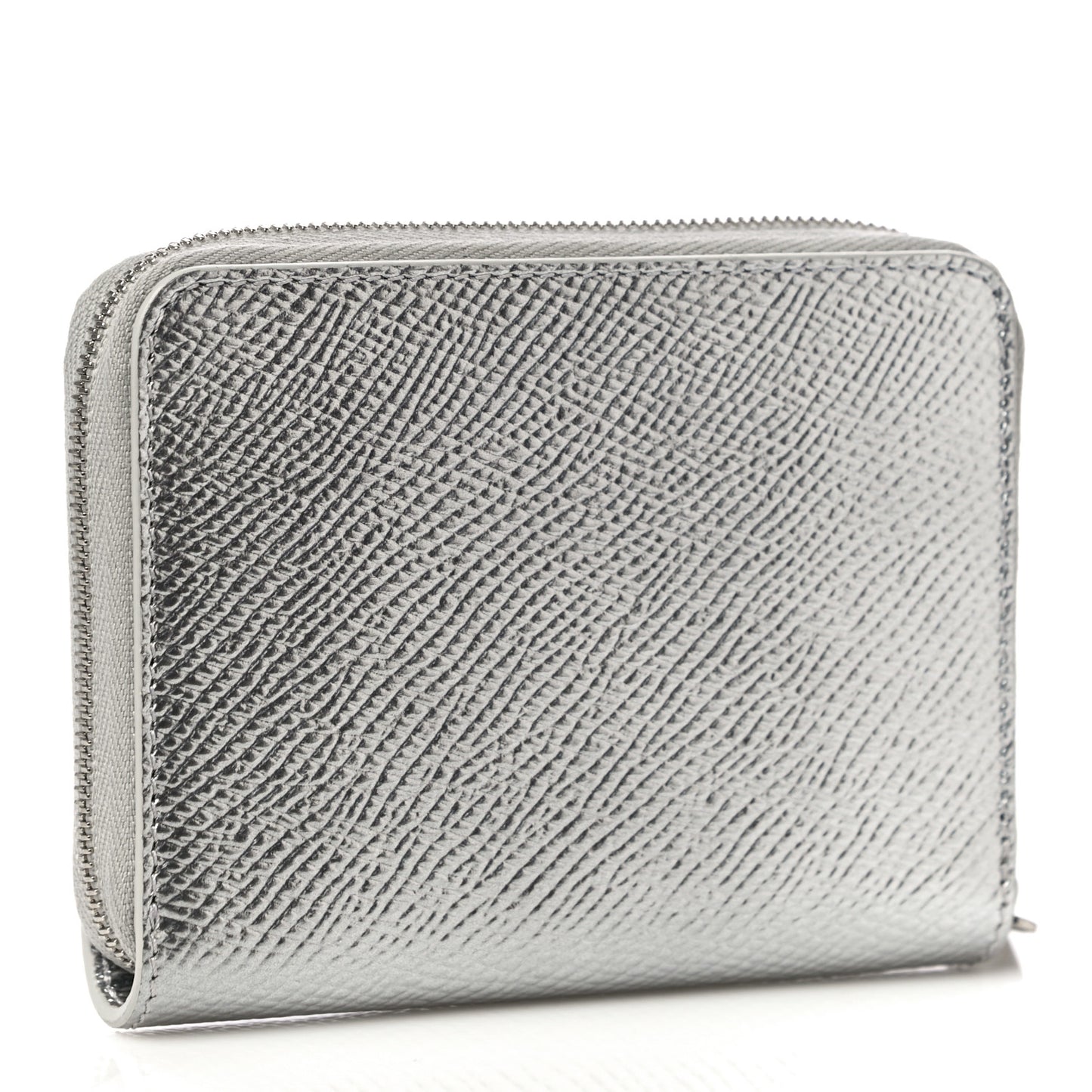 Laminated Grained Calfskin Zip Around Card Holder Wallet Silver