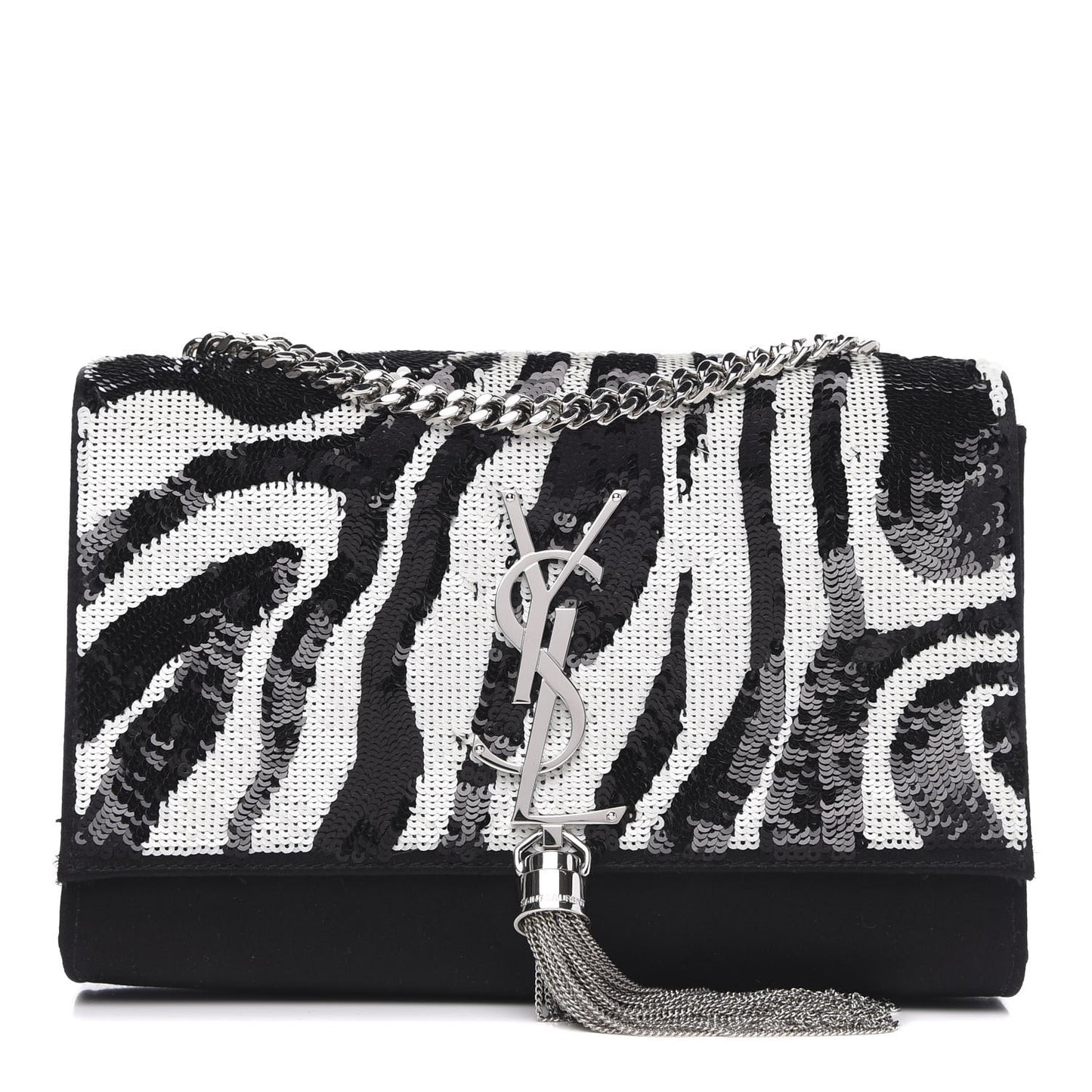 Satin Sequin Zebra Small Monogram Kate Tassel Satchel Black White