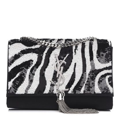 Saint Laurent Satin Sequin Zebra Small Monogram Kate Tassel Satchel Black White 1 of 9