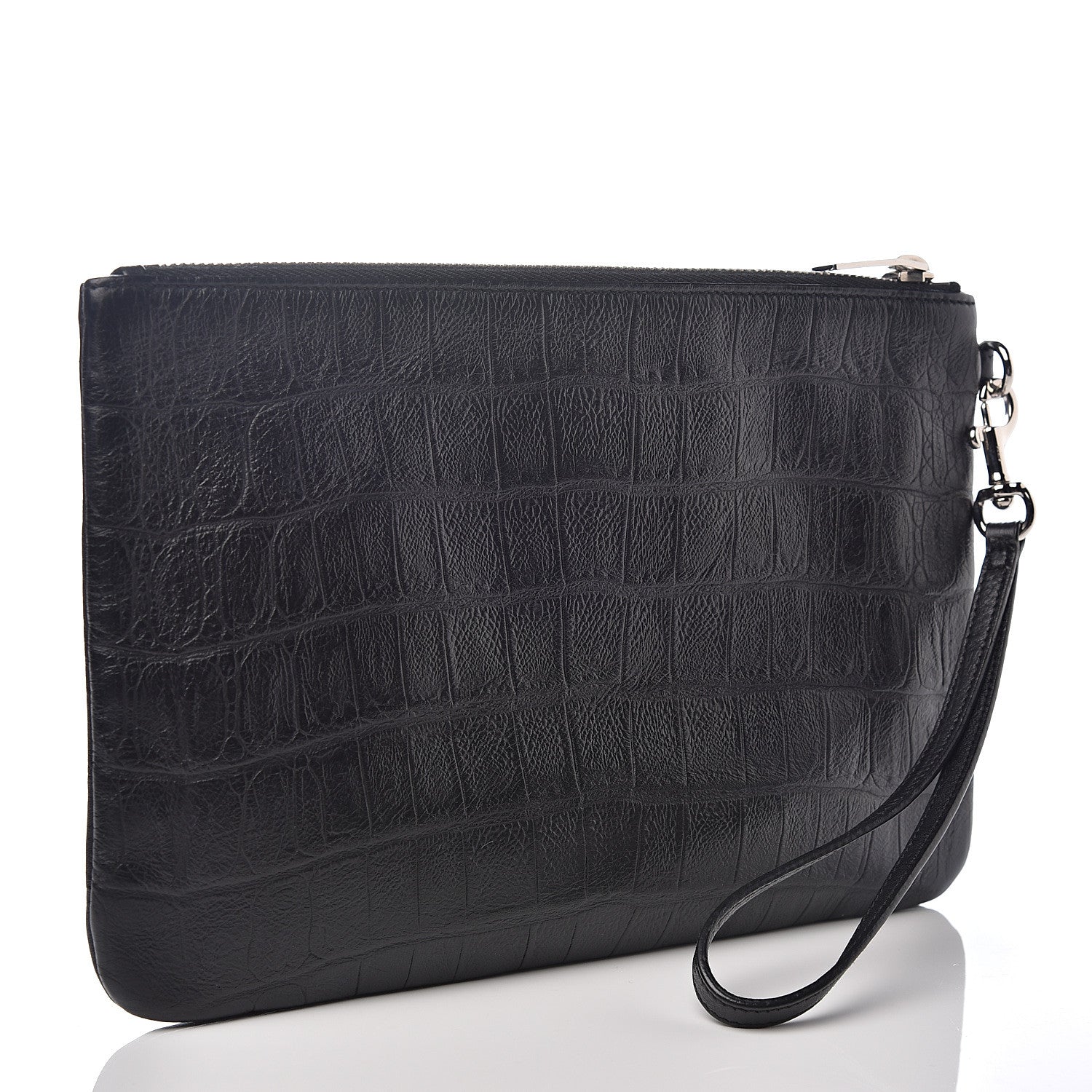 Saint Laurent Calfskin Crocodile Embossed Monogram Zip Pouch Black 2 of 7