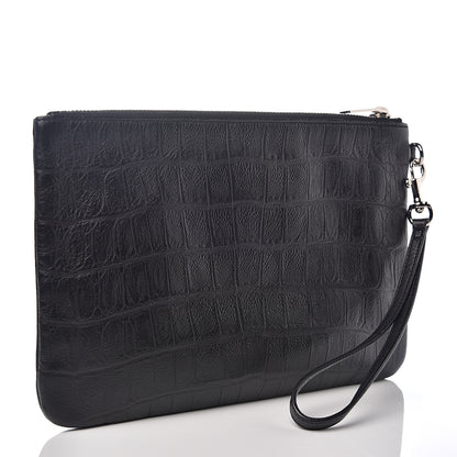 Saint Laurent Calfskin Crocodile Embossed Monogram Zip Pouch Black 2 of 7