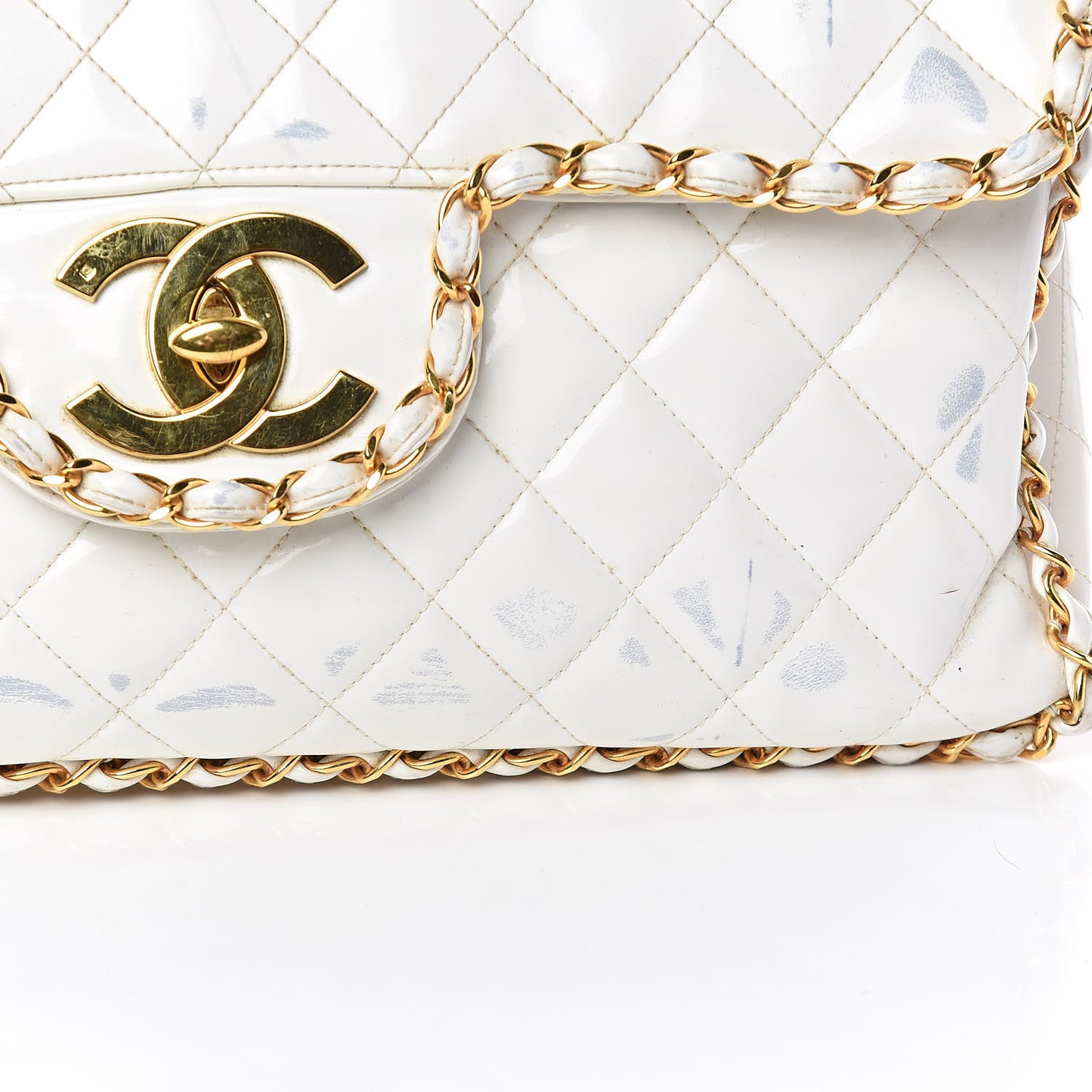 Patent Quilted Jumbo XL Chain Around Flap White