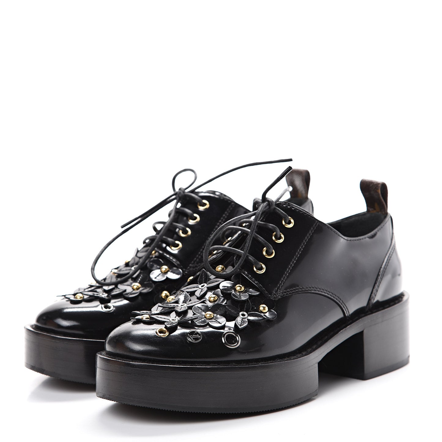 Patent Calfskin Blooms Flat Derby Platform Shoes 35 Black