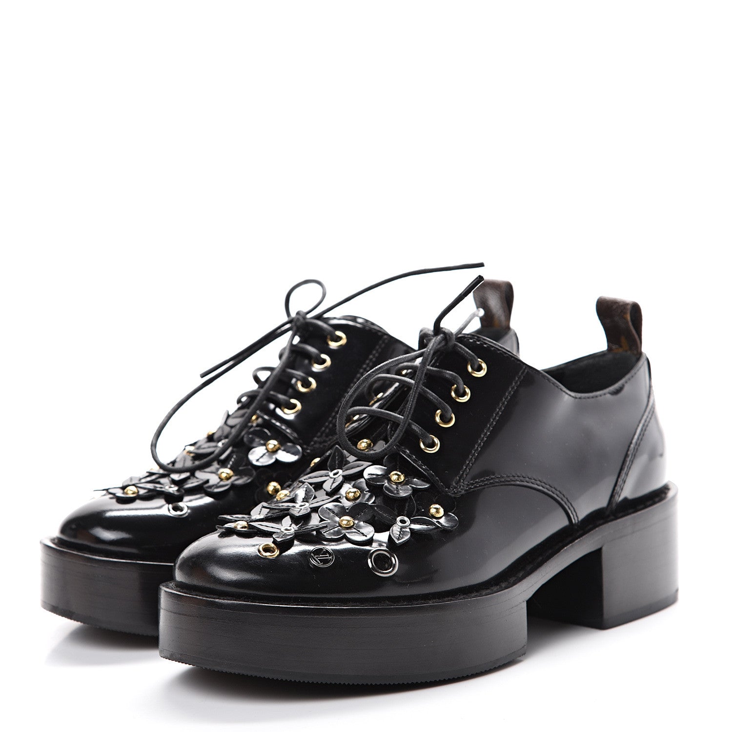 Louis Vuitton Patent Calfskin Blooms Flat Derby Platform Shoes 35 Black 3 of 8