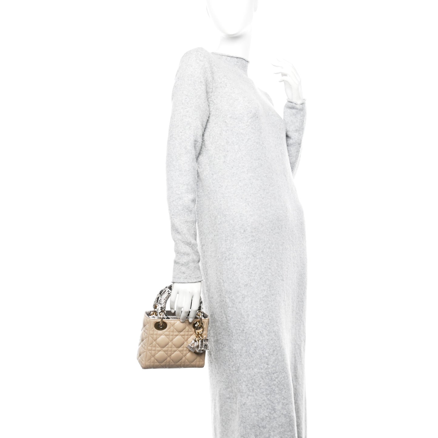 Lambskin Snakeskin Top Handle Cannage Mini Lady Dior Light Beige Multicolor