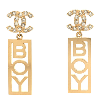 Chanel Metal Crystal CC Boy Drop Earrings Gold 1 of 5