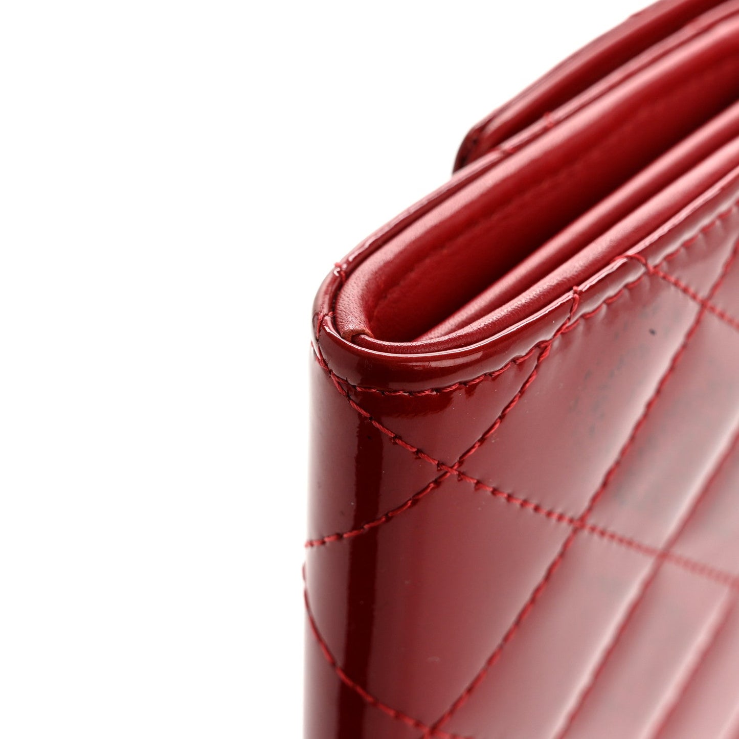 Patent Calfskin Quilted Large Brilliant Flap Wallet Dark Red