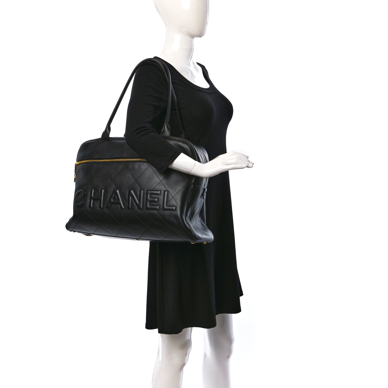 Chanel Calfskin Stitched Maxi Logo Bowling Bag Black 2 of 8