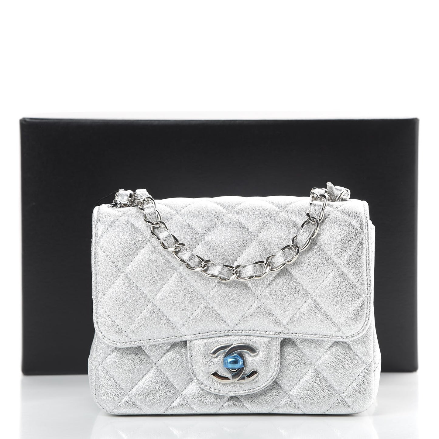 Metallic Lambskin Quilted Mini Square Flap Silver