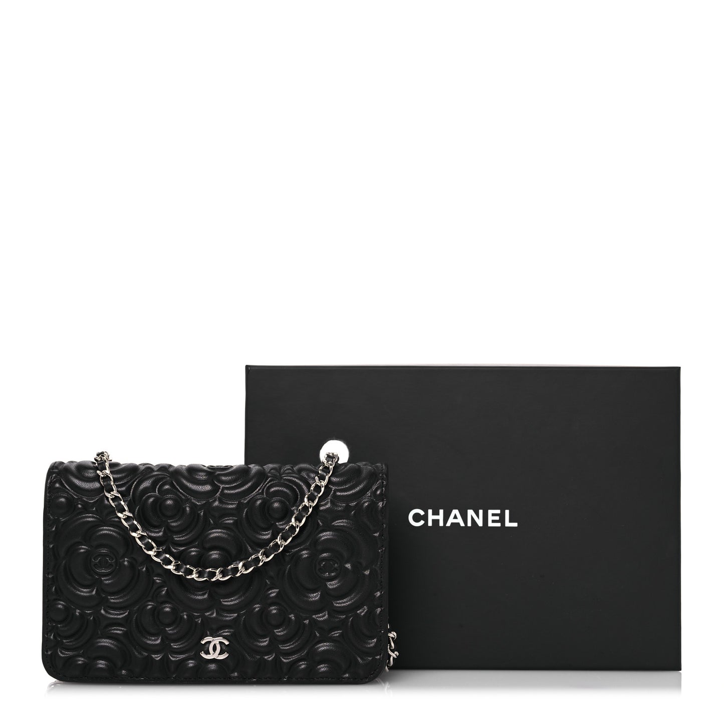Lambskin Camellia Embossed Wallet On Chain WOC Black