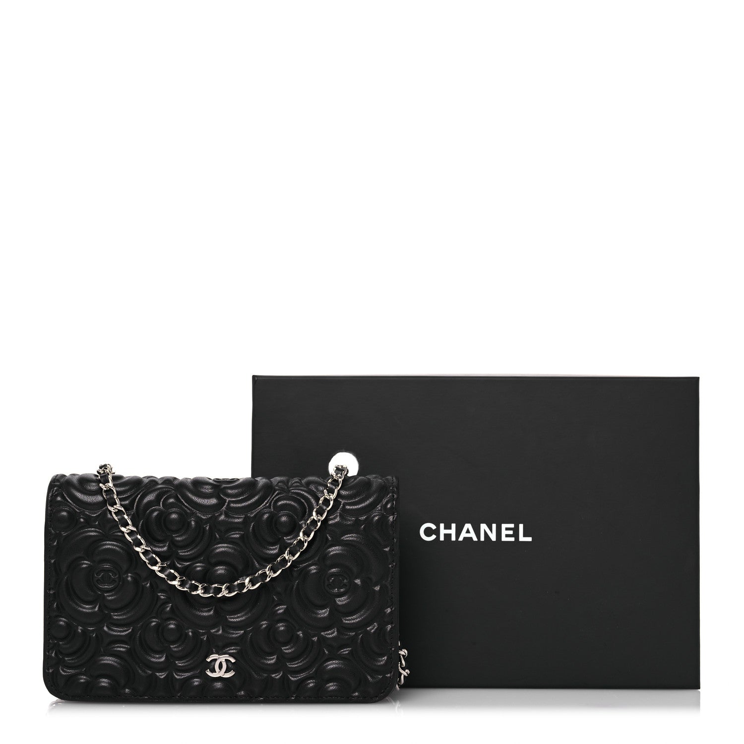 Chanel Lambskin Camellia Embossed Wallet On Chain WOC Black 16 of 16