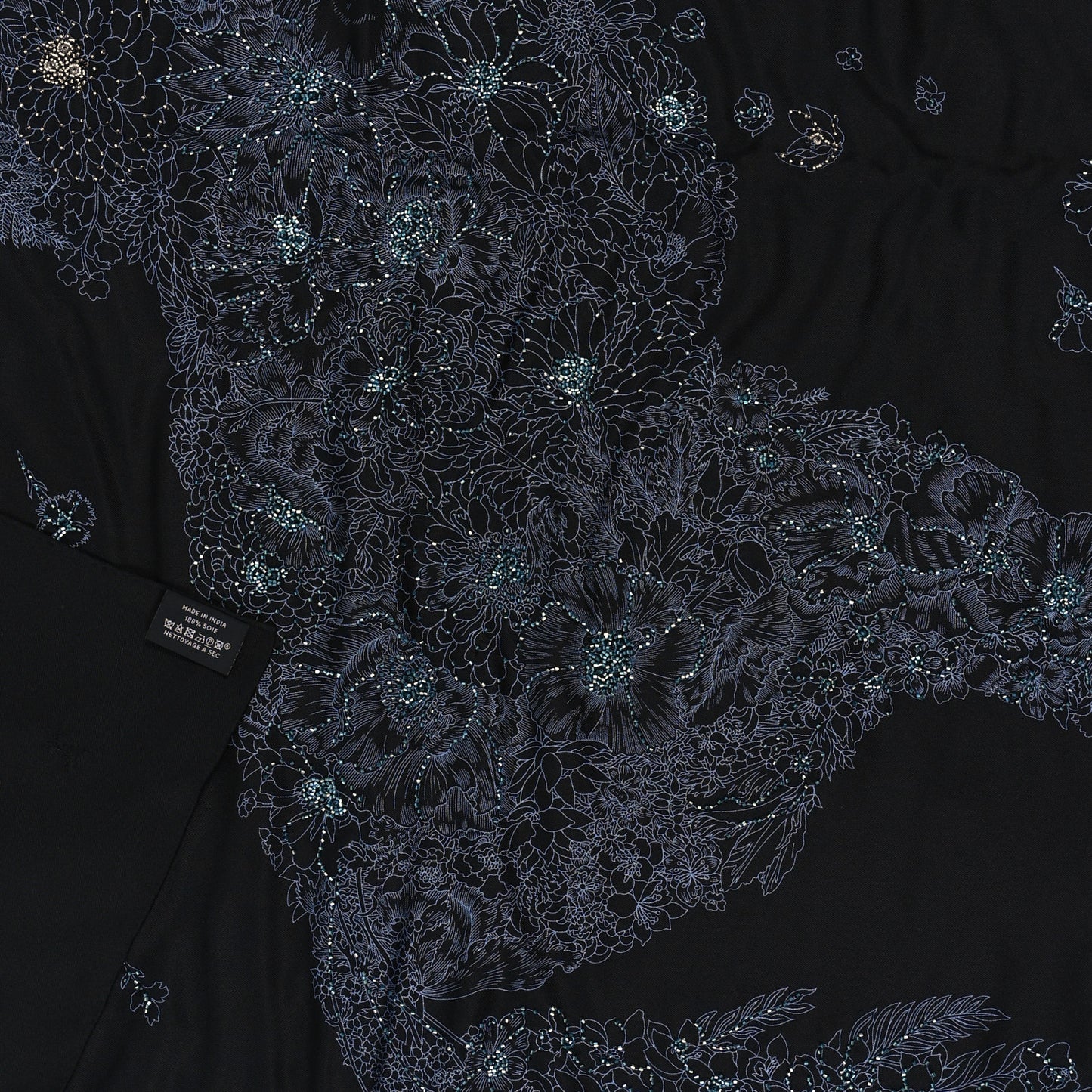 Silk Embroidered Robe Legere Scarf 90 Black Bleu