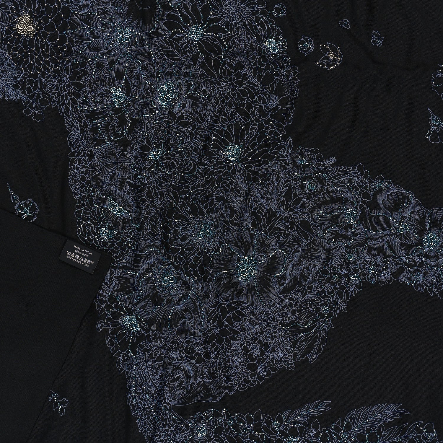 Hermes Silk Embroidered Robe Legere Scarf 90 Black Bleu 3 of 3