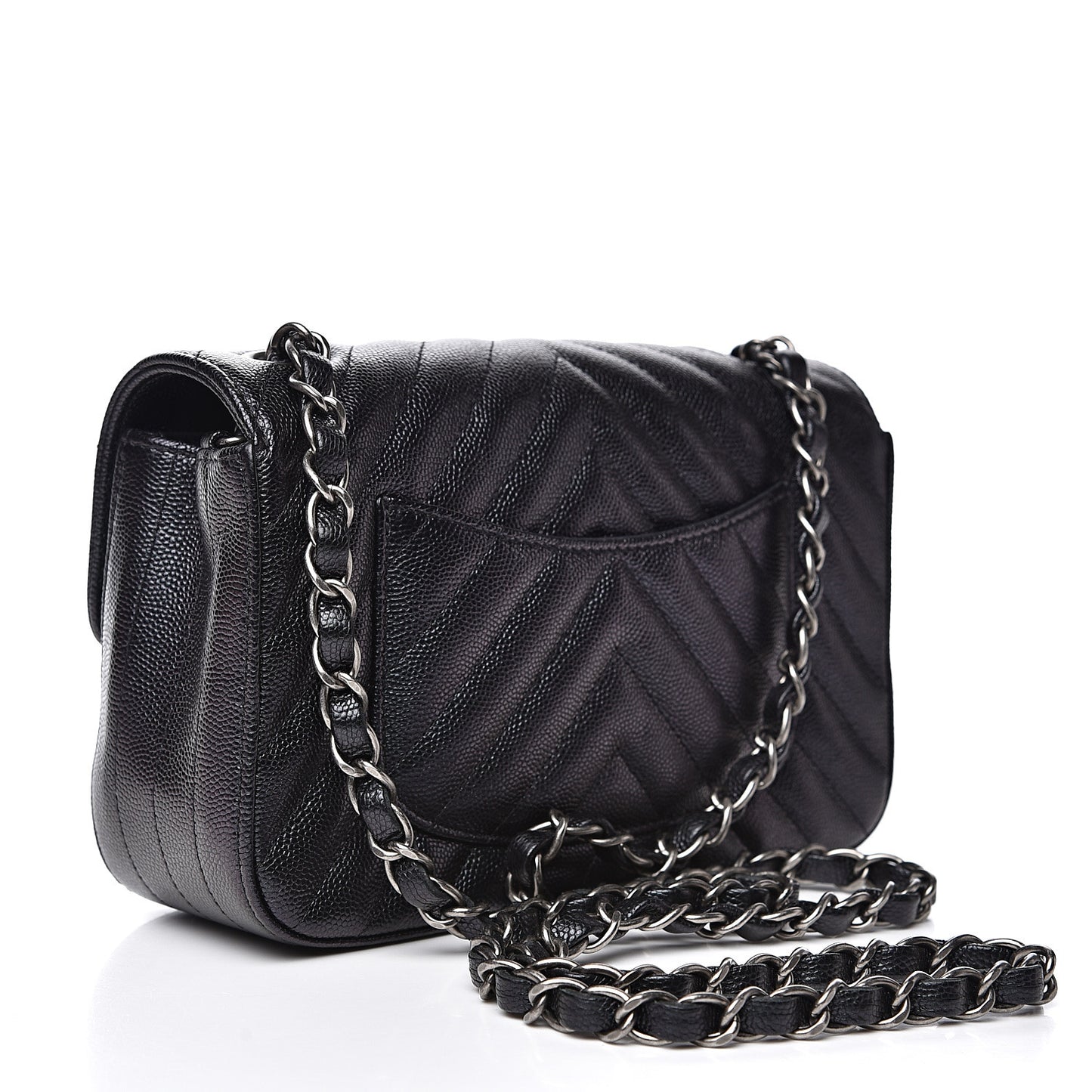 Iridescent Caviar Chevron Quilted Mini Rectangular Flap Black