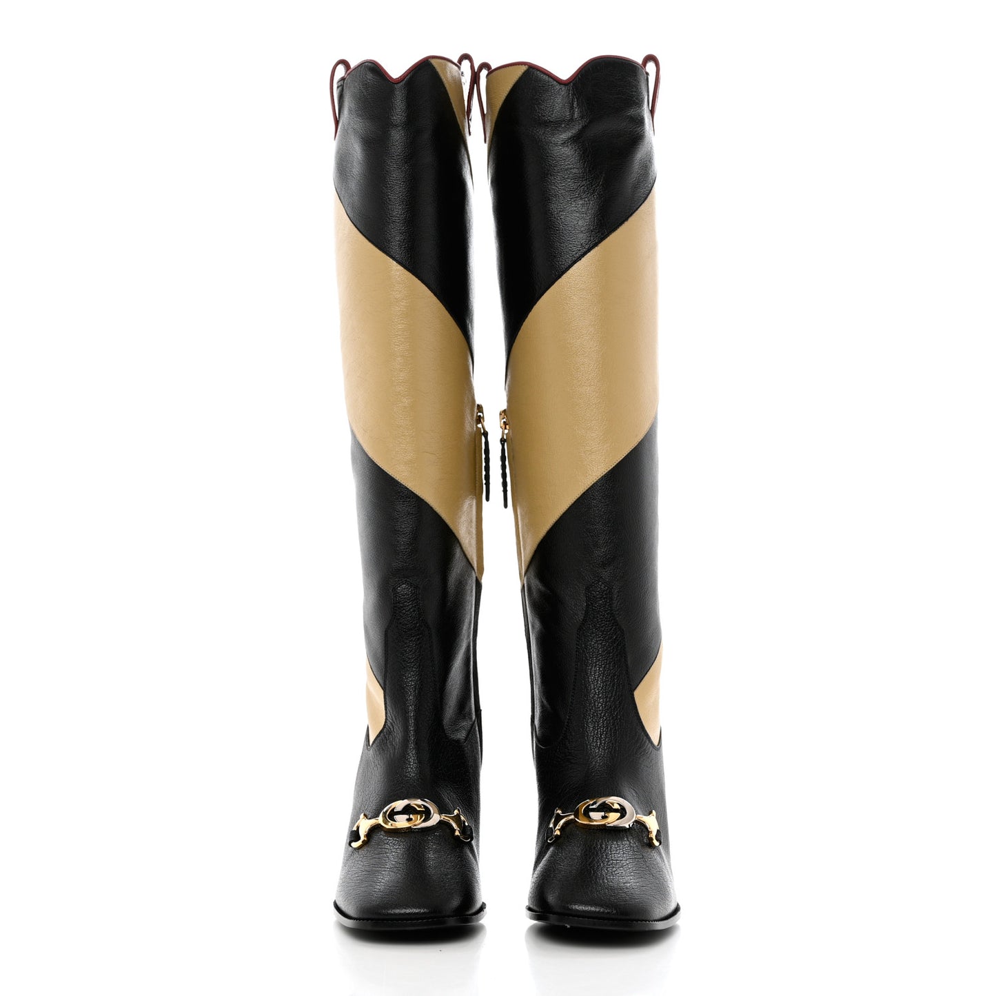 Calfskin Wrinkled Kid Diagonal Striped Zumi Knee Boots 36 Black Beige Romantic Cherry