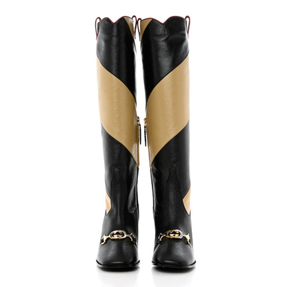 Gucci Calfskin Wrinkled Kid Diagonal Striped Zumi Knee Boots 36 Black Beige Romantic Cherry 2 of 10