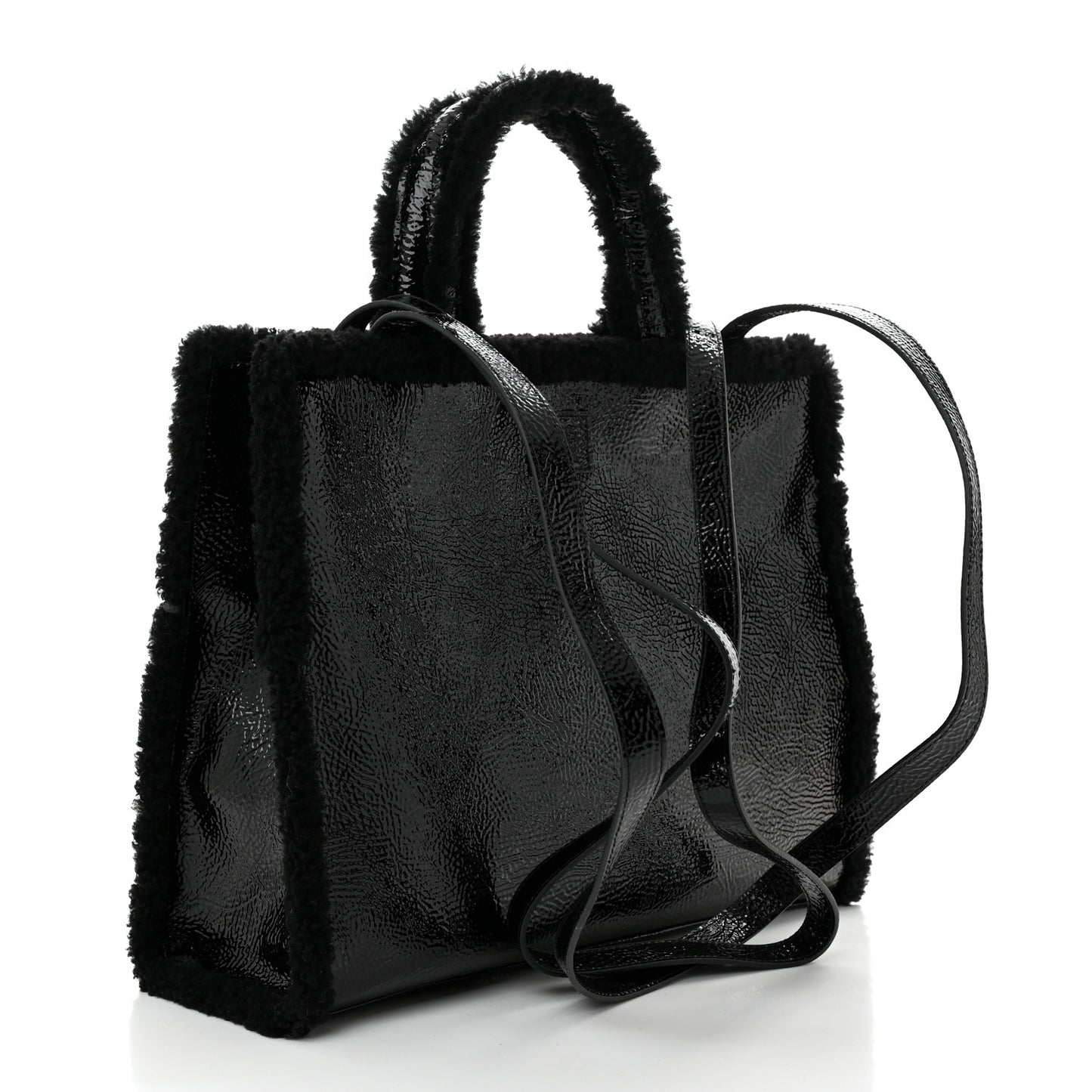 X UGG Crinkle Patent Shearling Medium Shopping Bag Black