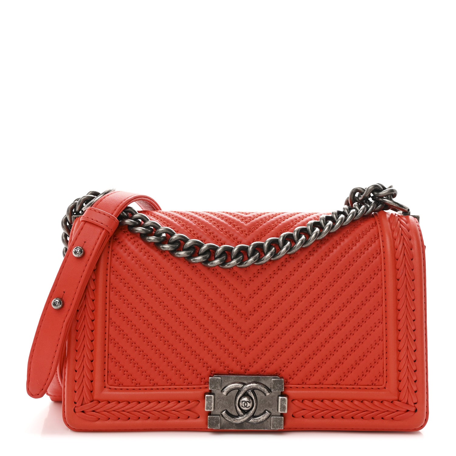 Chanel Calfskin Chevron Quilted Medium Braided Boy Flap Orange 1 of 12