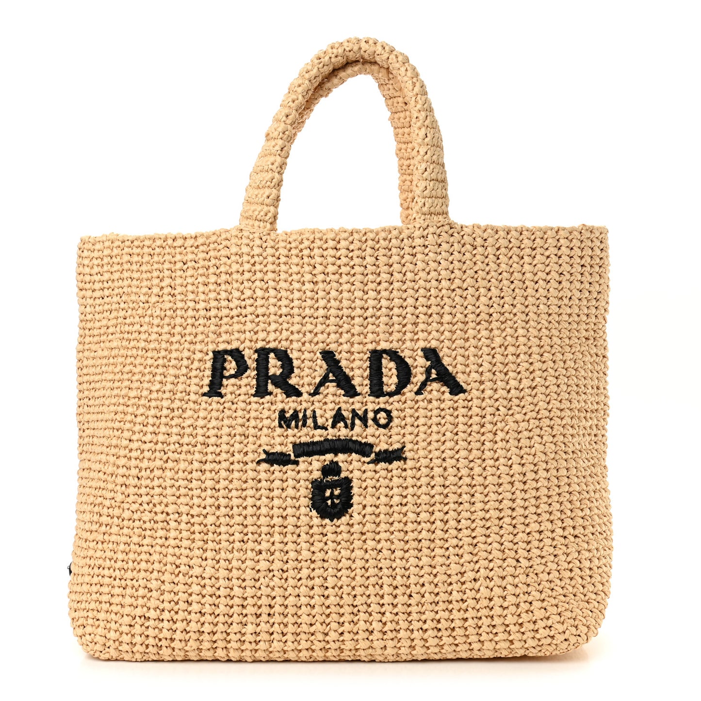 Yarn Raffia Effect Crochet Embroidered Logo Tote Naturale