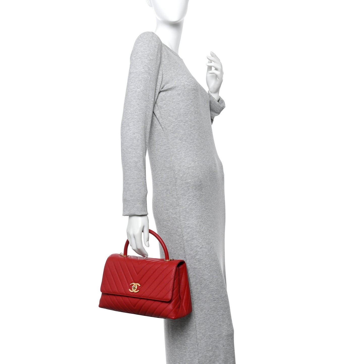 Caviar Chevron Quilted Small Coco Handle Flap Red