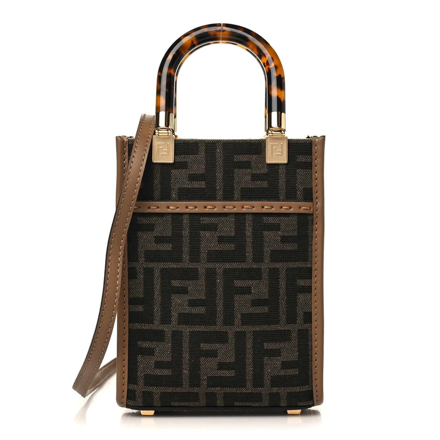 Fabric Jacquard Vitello King Plexiglass FF 1974 Mini Fendi Sunshine Shopper Tote Tobacco Moro Sand