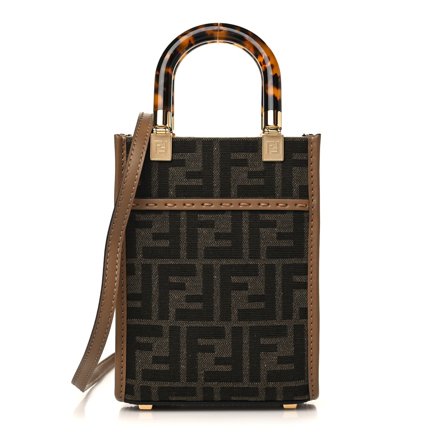 Fendi Fabric Jacquard Vitello King Plexiglass FF 1974 Mini Fendi Sunshine Shopper Tote Tobacco Moro Sand 1 of 6