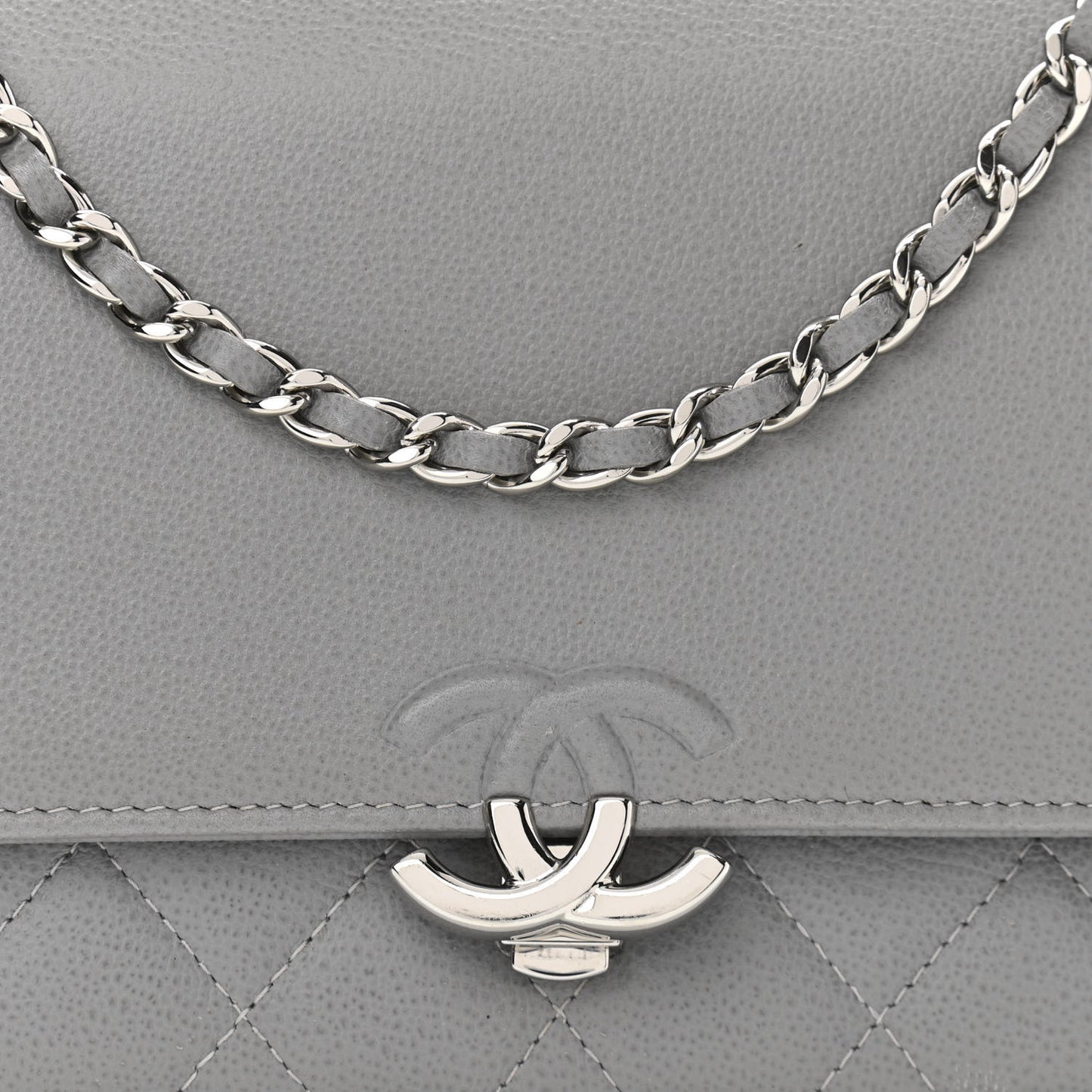 Grained Calfskin Quilted CC Box Wallet On Chain WOC Grey