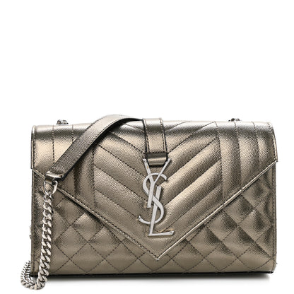 Saint Laurent Metallic Grain De Poudre Textured Mixed Matelasse Triquilt Small Monogram Satchel Gold 1 of 10
