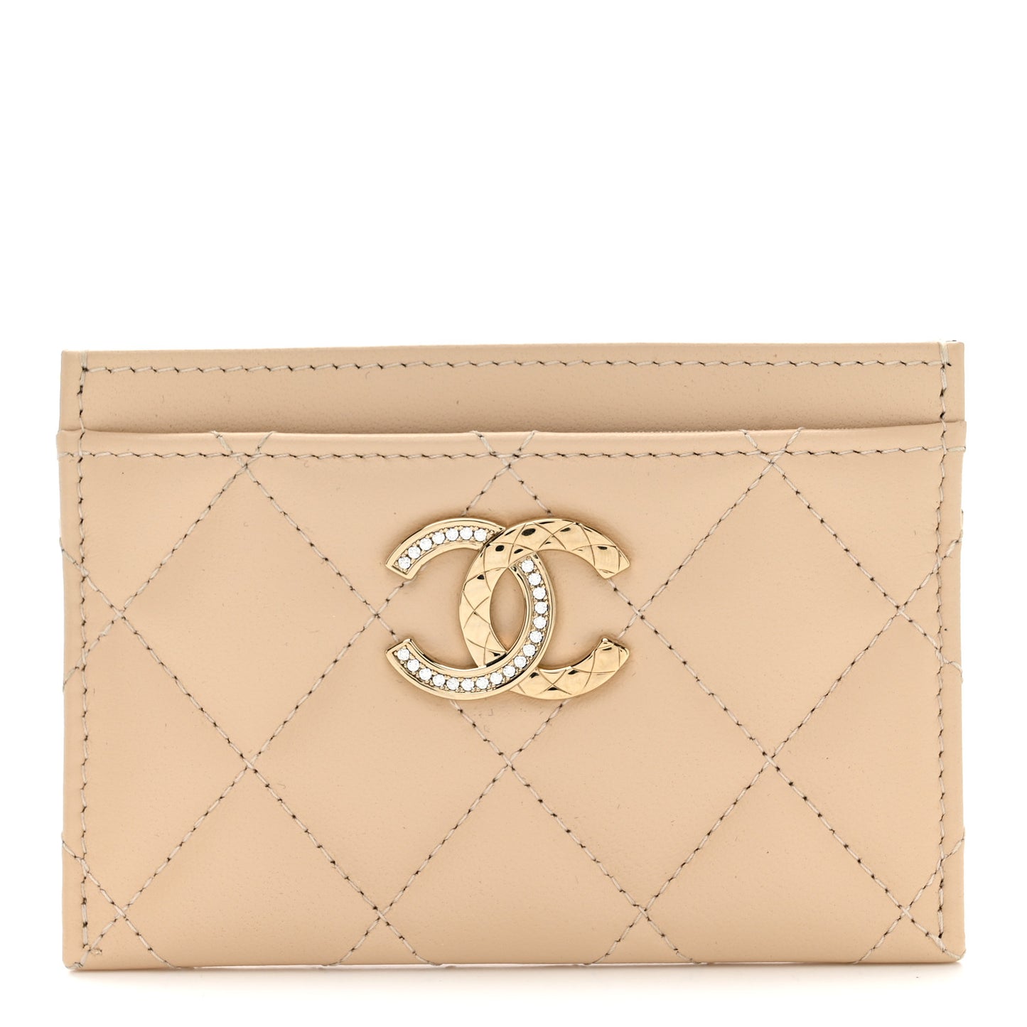 Lambskin Quilted Crystal CC Card Holder Beige