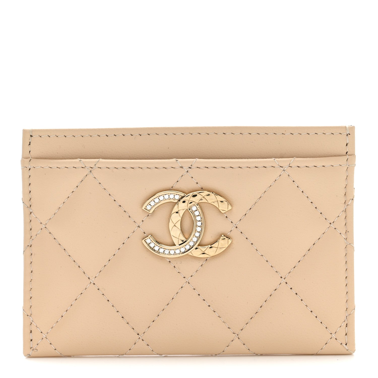 Chanel Lambskin Quilted Crystal CC Card Holder Beige 1 of 9