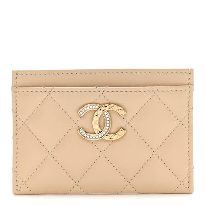 Chanel Lambskin Quilted Crystal CC Card Holder Beige 1 of 9