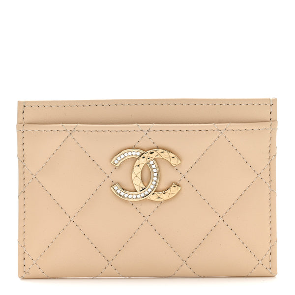 Chanel Lambskin Quilted Crystal CC Card Holder Beige 1874743