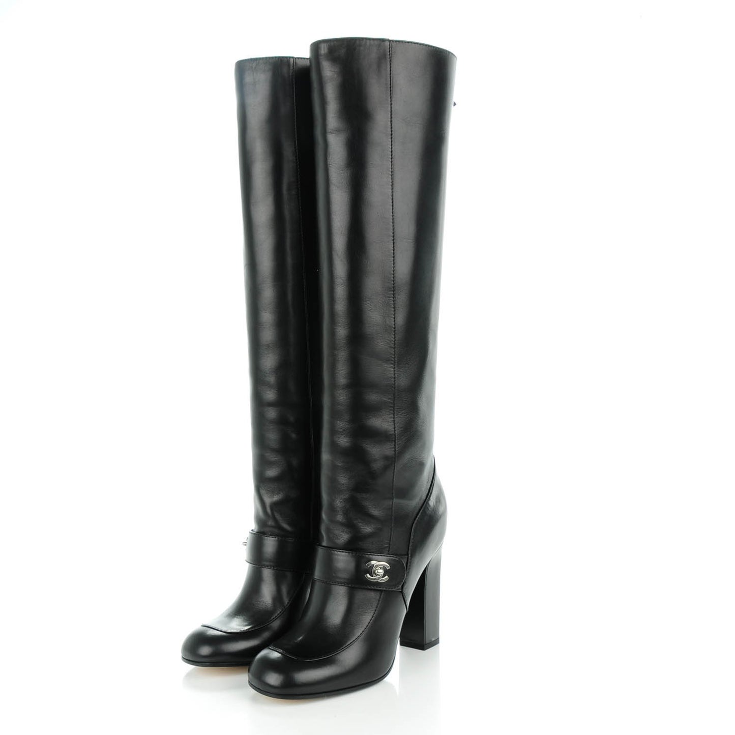 Calfskin CC Turnlock Knee High Boots 38 Black