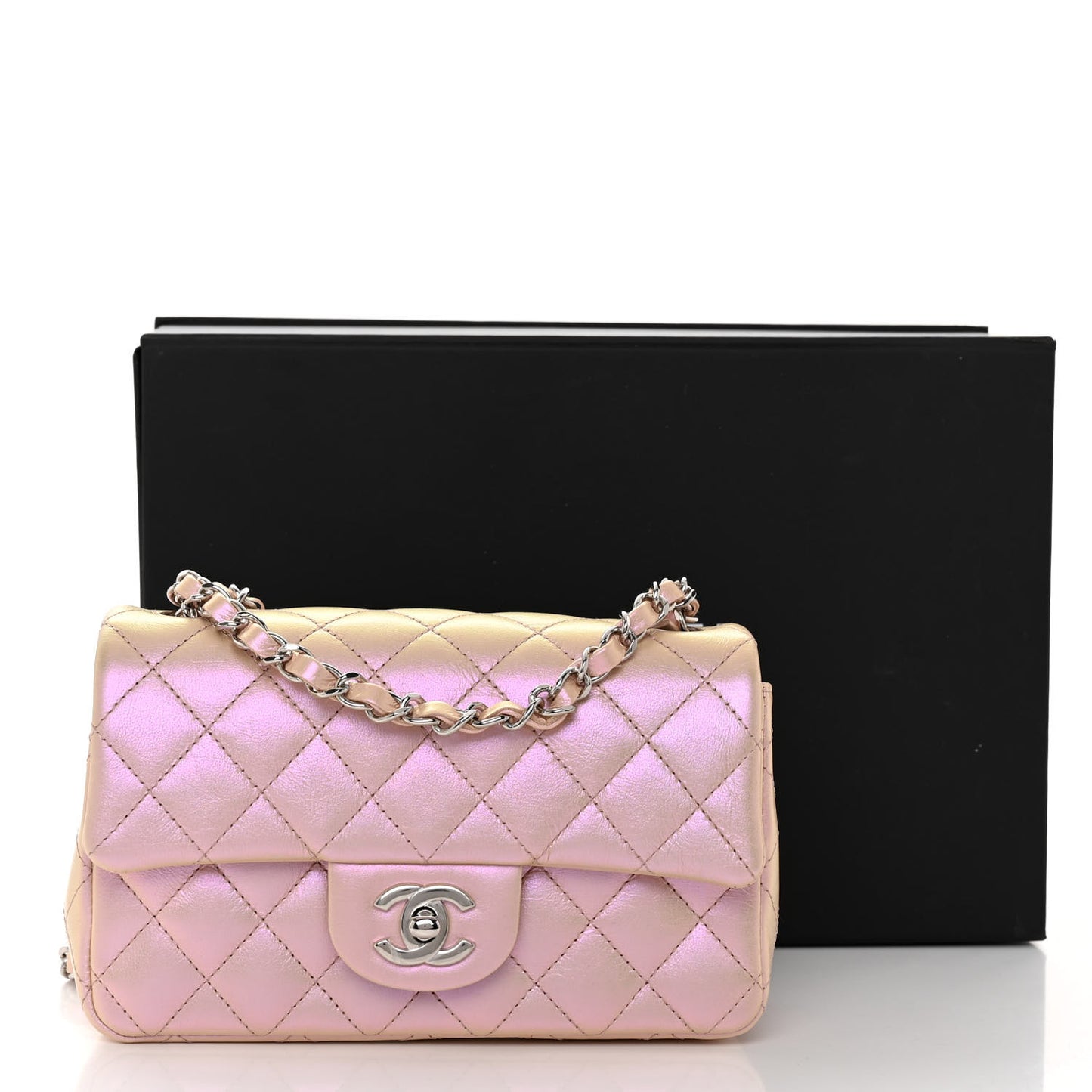 Iridescent Calfskin Quilted Mini Rectangular Flap Pink