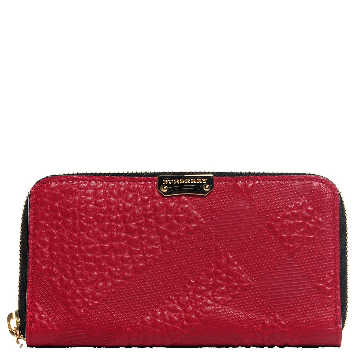 Grainy Calfskin Check Embossed Elmore Zip Around Wallet Red