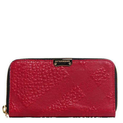 Burberry Grainy Calfskin Check Embossed Elmore Zip Around Wallet Red 1 of 9