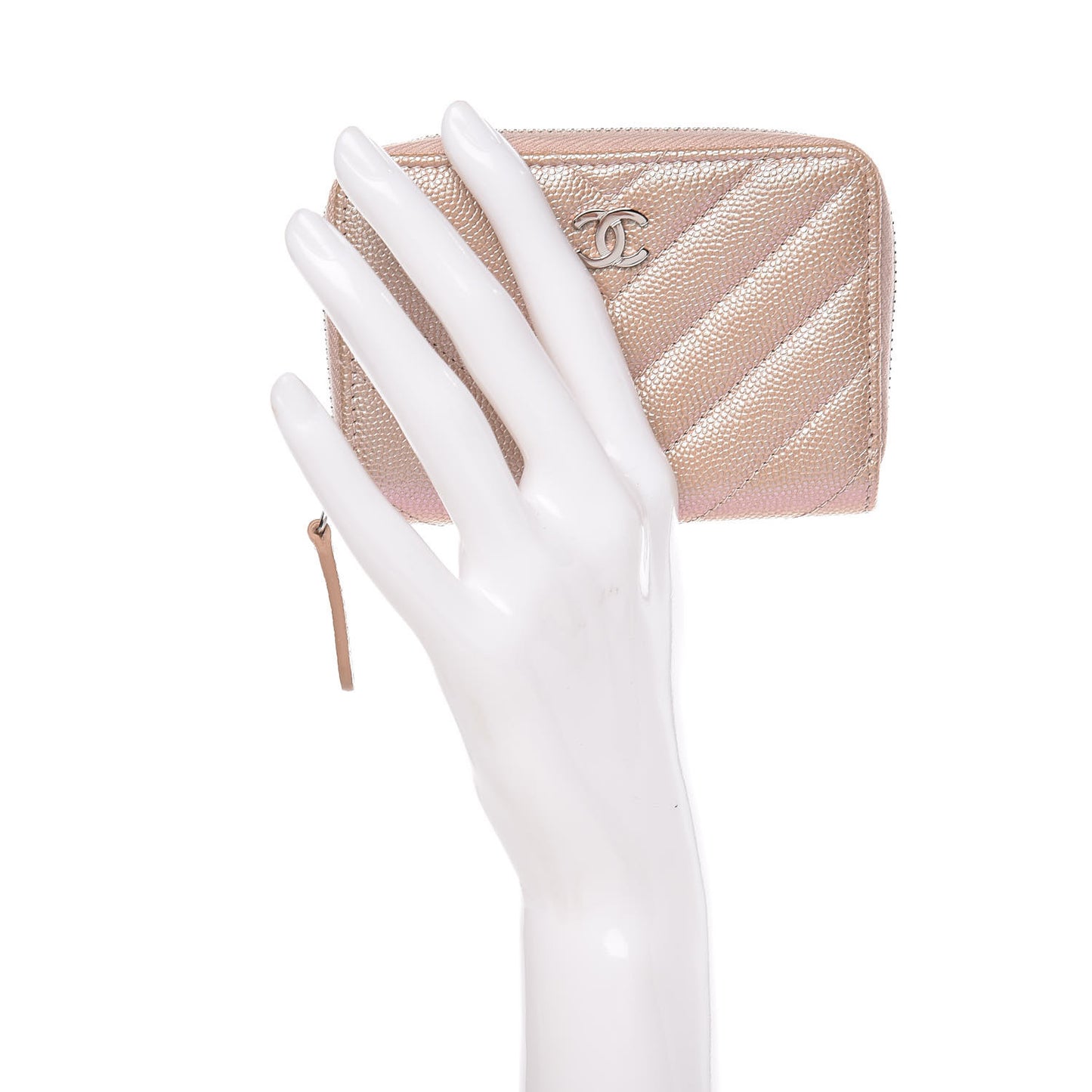 Metallic Caviar Chevron Quilted Zip Around Coin Purse Light Gold
