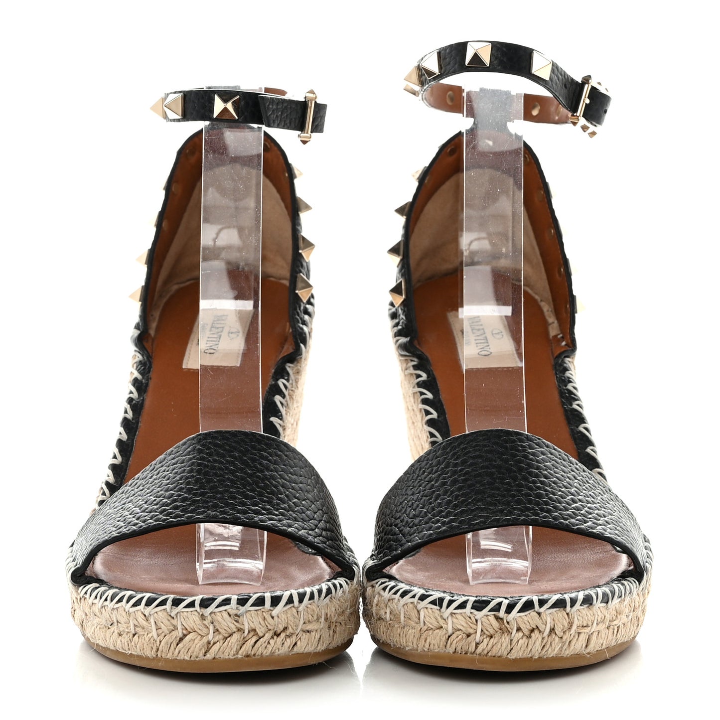 Grained Calfskin Rockstud Ankle Strap Espadrille 15/105mm Wedge Sandals 39 Black Light Cuir Natural
