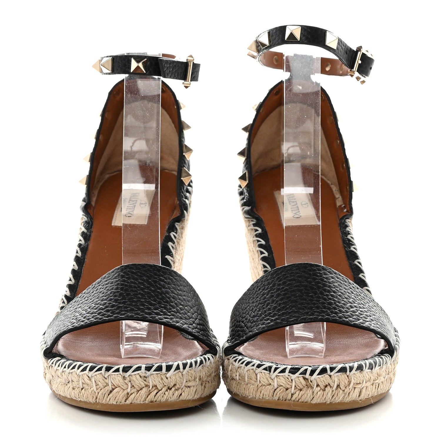 Valentino Garavani Grained Calfskin Rockstud Ankle Strap Espadrille 15/105mm Wedge Sandals 39 Black Light Cuir Natural 2 of 8