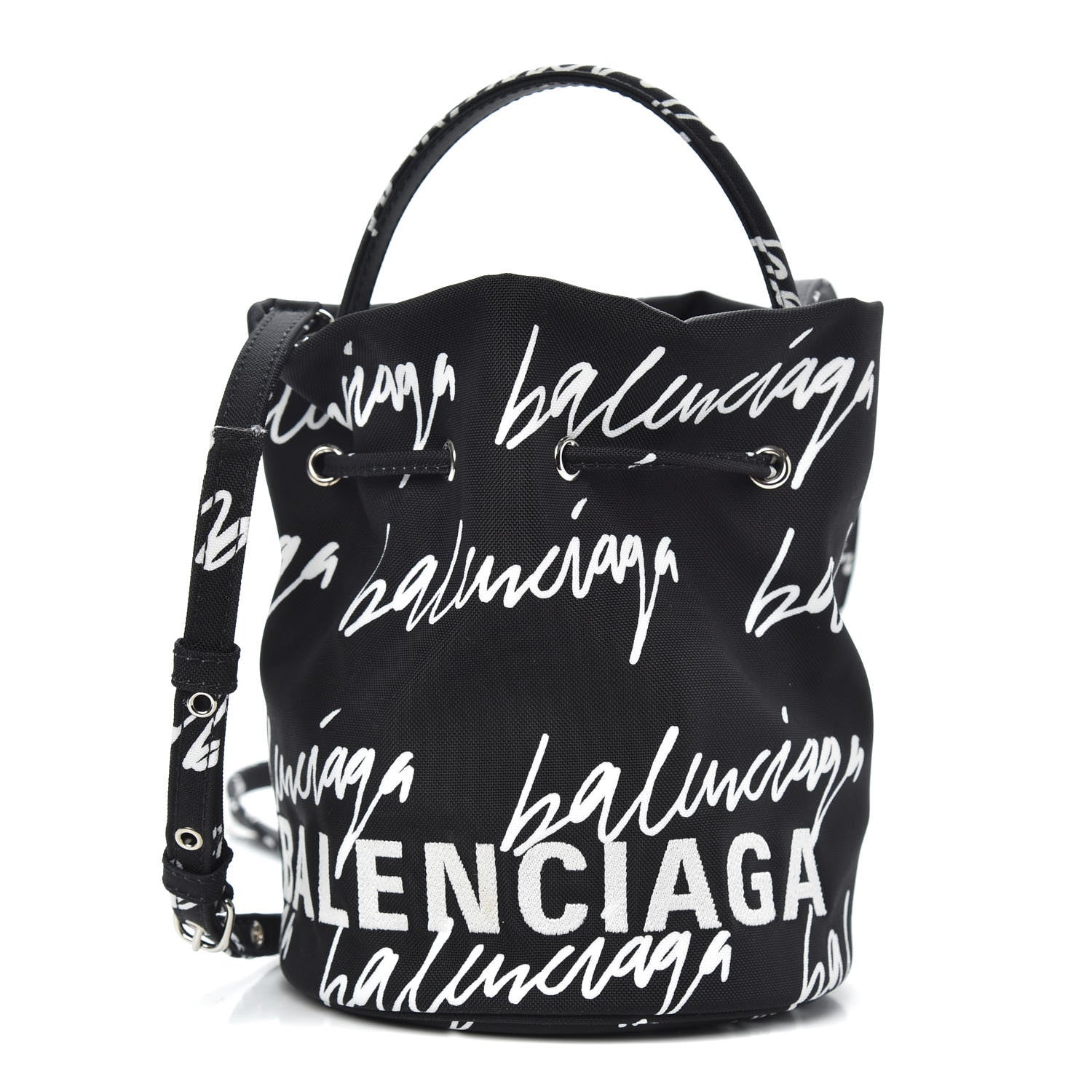 Balenciaga Recycled Sport Nylon Scribble Logo Embroidered Wheel Drawstring Bucket Bag XS Black White 1 of 8
