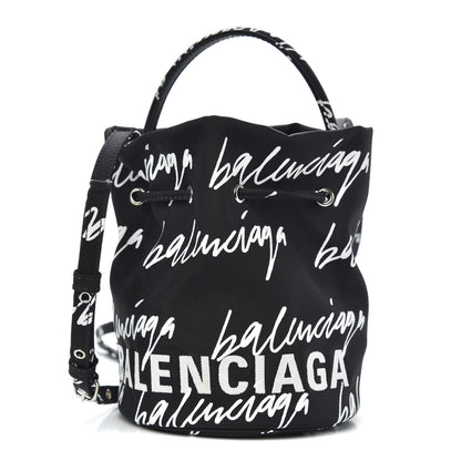 Balenciaga Recycled Sport Nylon Scribble Logo Embroidered Wheel Drawstring Bucket Bag XS Black White 1 of 8