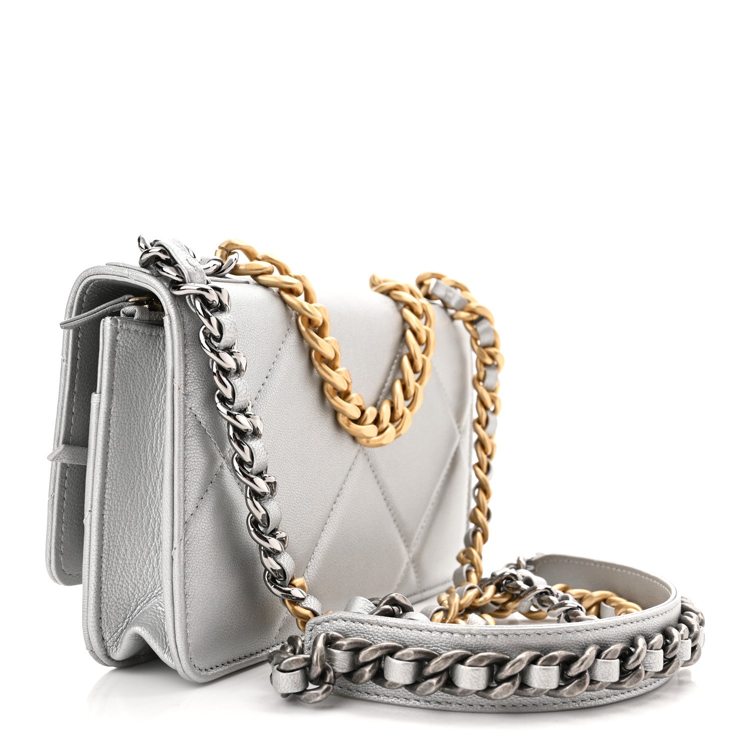 Chanel Metallic Lambskin Quilted Chanel 19 Wallet On Chain WOC Silver 3 of 11