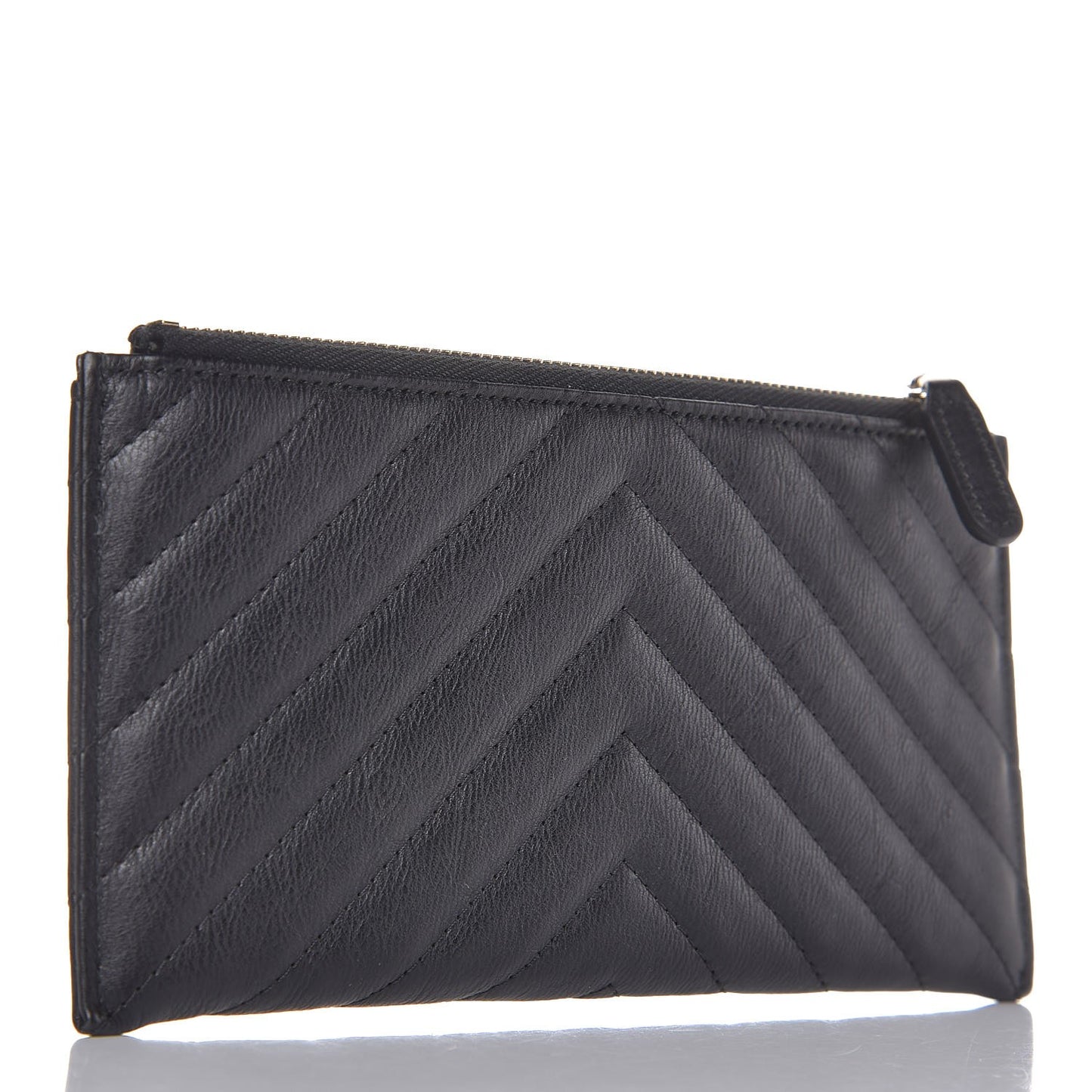 Calfskin Chevron Quilted Classic Zip Pouch Black