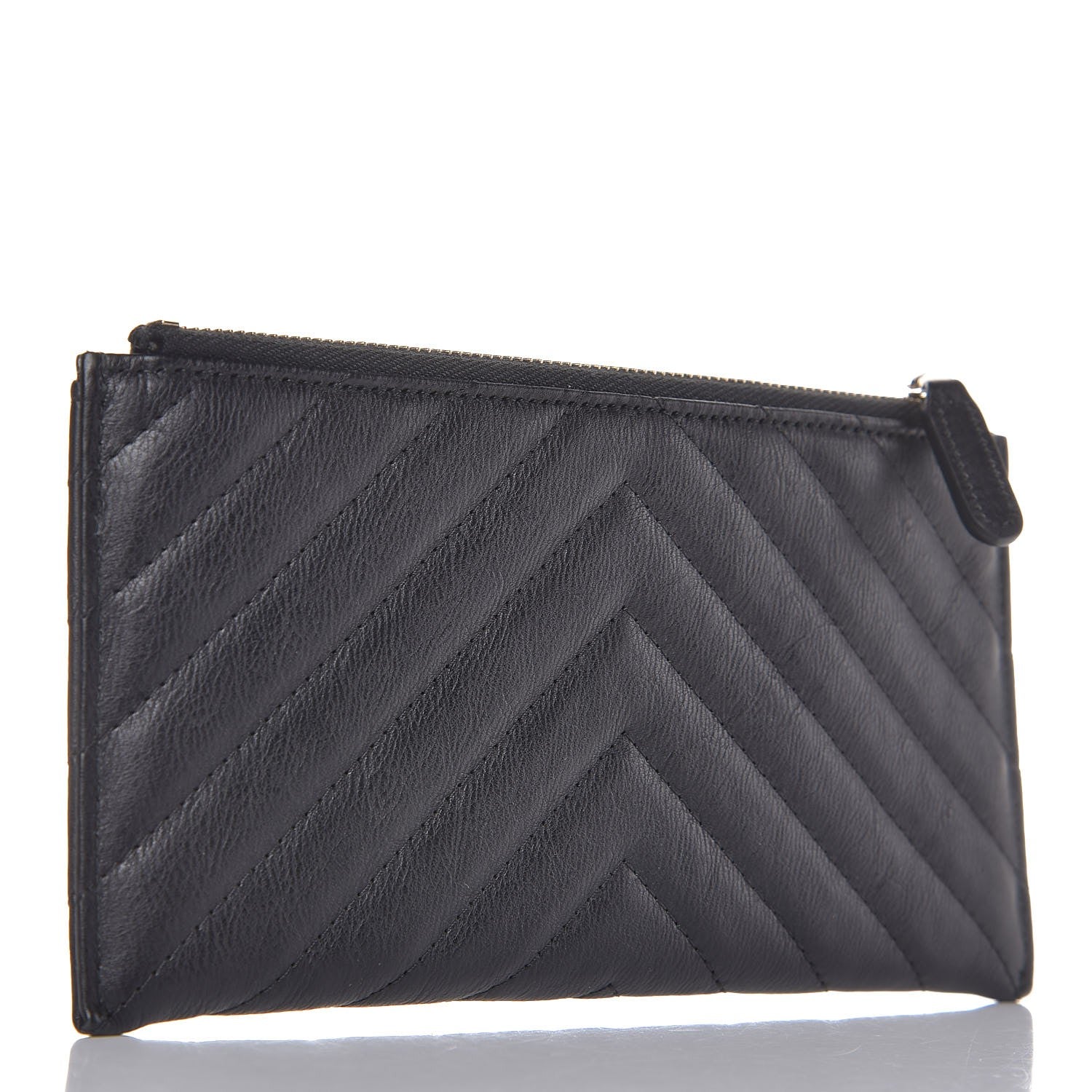 Chanel Calfskin Chevron Quilted Classic Zip Pouch Black 3 of 8