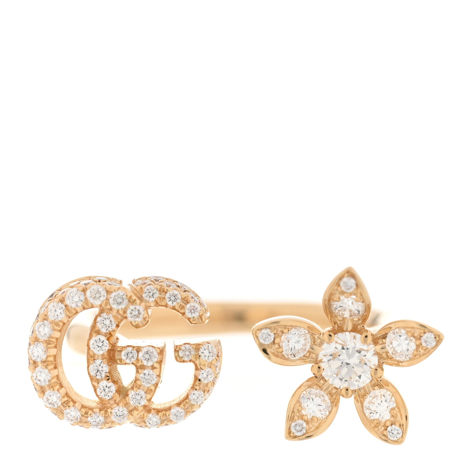 Gucci 18K Yellow Gold Diamond Flora GG Open Ring 52 6 1 of 5