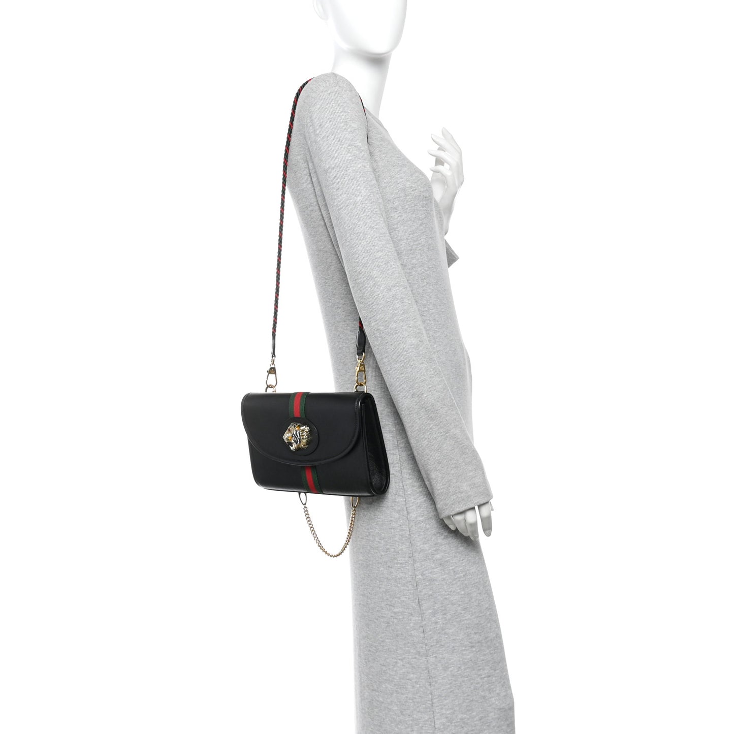 Textured Calfskin Web Small Rajah Slim Flap Shoulder Bag Black