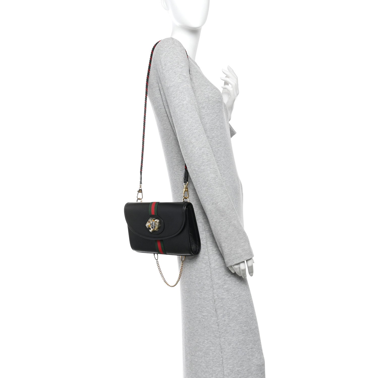Gucci Textured Calfskin Web Small Rajah Slim Flap Shoulder Bag Black 2 of 11